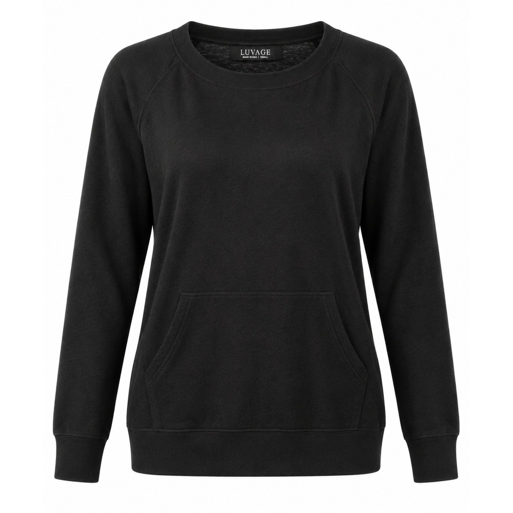 Luvage Women's Small Black Crewneck Kangaroo Pocket Sweatshirt Made in USA